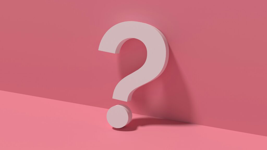 White question mark on a pink background — pause-and-question reminder during a scam call.