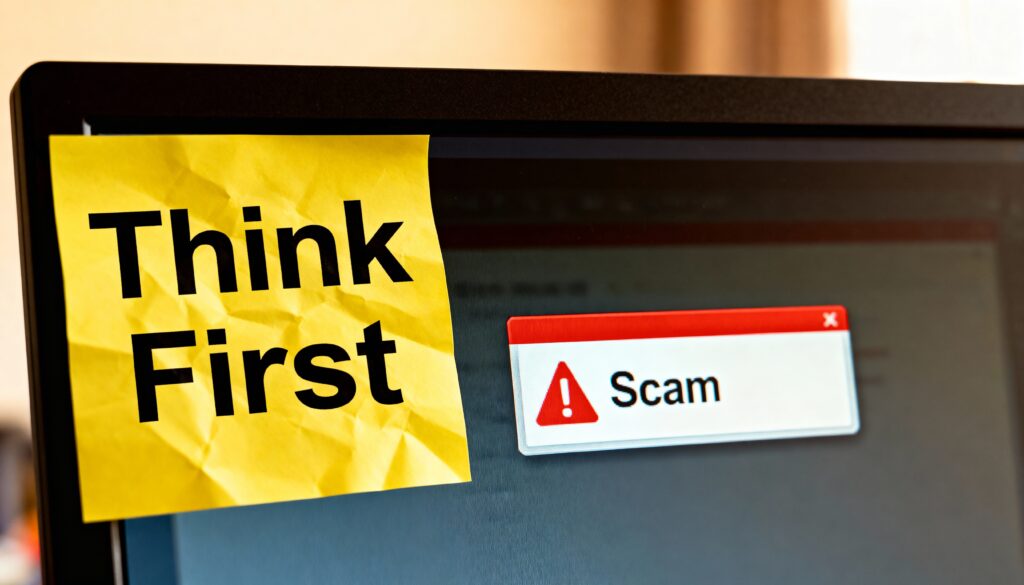 Yellow sticky note on a computer monitor that says “Think First,” with a small “Scam” warning pop-up in the background. Symbolizes slowing down and spotting scams before reacting.