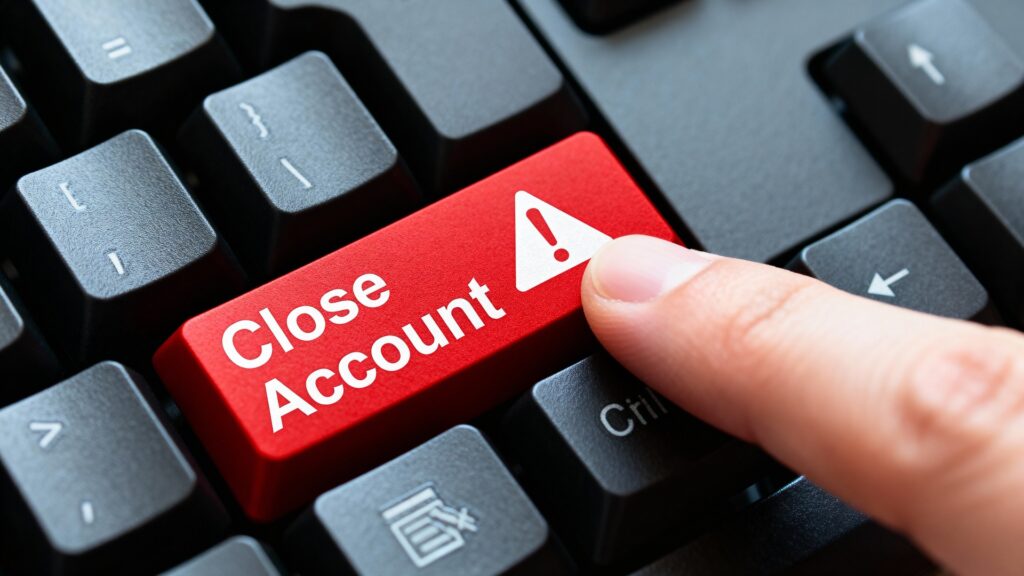 A close-up of a finger pressing a red keyboard key labeled “Close Account,” symbolizing deleting or shutting down old online accounts.