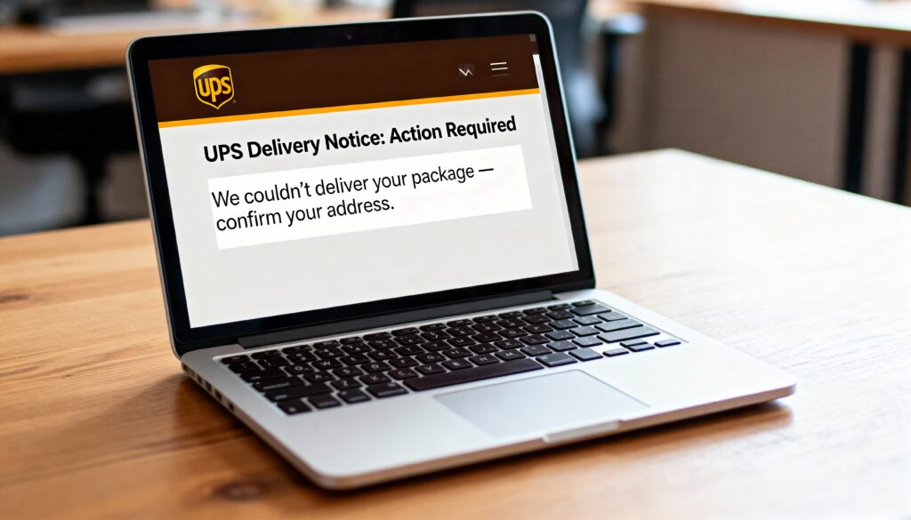 A laptop screen showing a fake UPS delivery notice saying the package couldn’t be delivered, symbolizing delivery-related phishing scams.