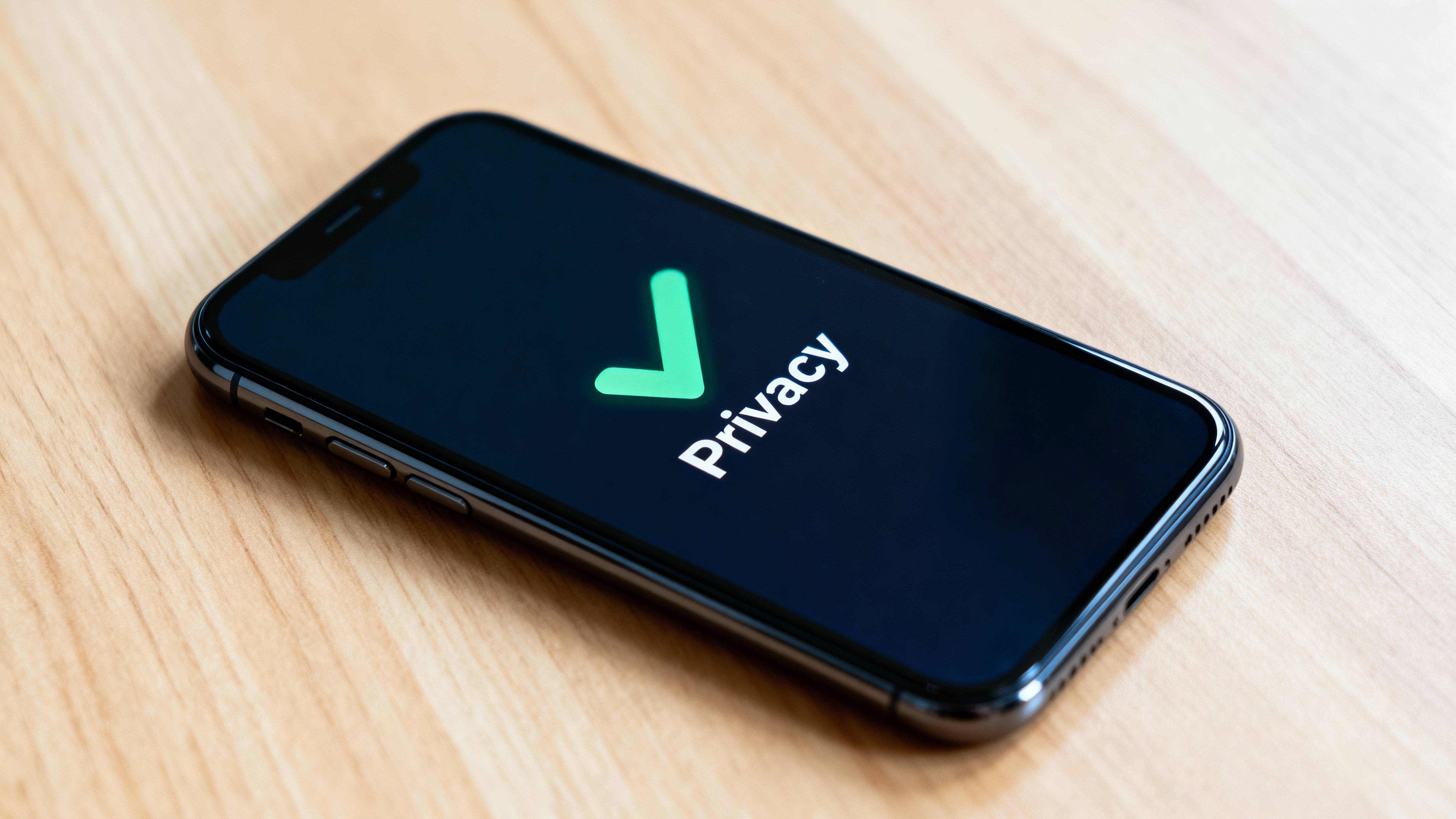 A smartphone on a wooden table displaying a green checkmark with the word “Privacy,” symbolizing safe personal data and digital protection.