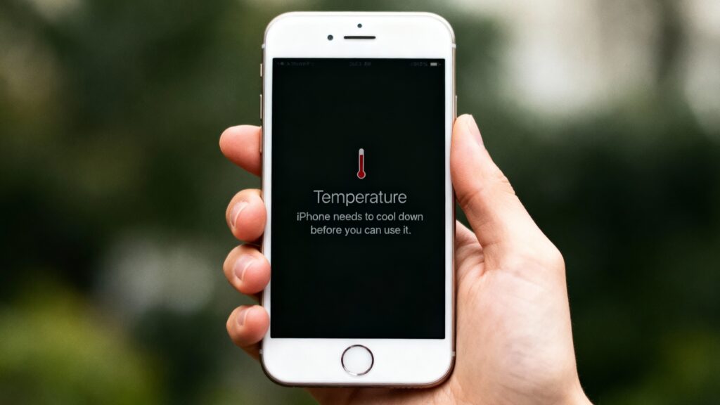 Hand holding a smartphone showing an overheating temperature warning screen. Symbolizes a device that needs immediate cooling to prevent damage.