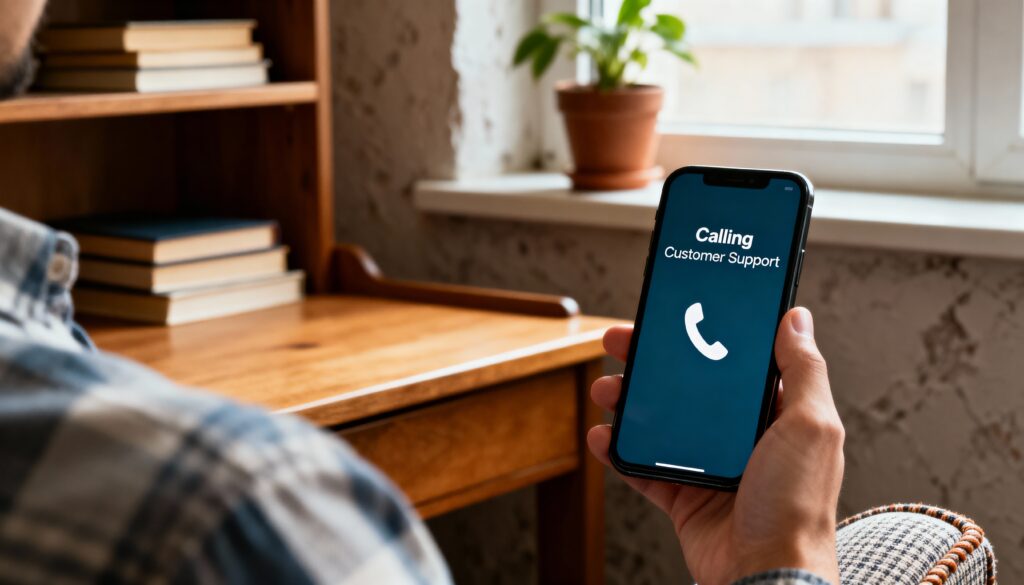 A person holding a phone showing “Calling Customer Support,” symbolizing taking fast action to limit damage after a scam.