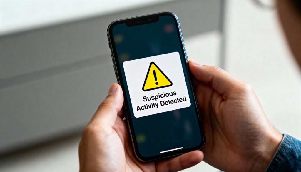 Person holding a smartphone displaying a “Security Alert: Suspicious Activity Detected” warning; symbolizes the moment someone realizes they may have clicked something unsafe and needs to act quickly.