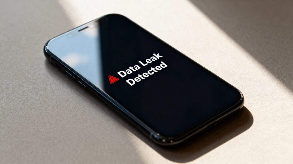 A smartphone on a table displaying a “Data Leak Detected” alert, symbolizing how personal information can end up exposed and sold on the dark web.