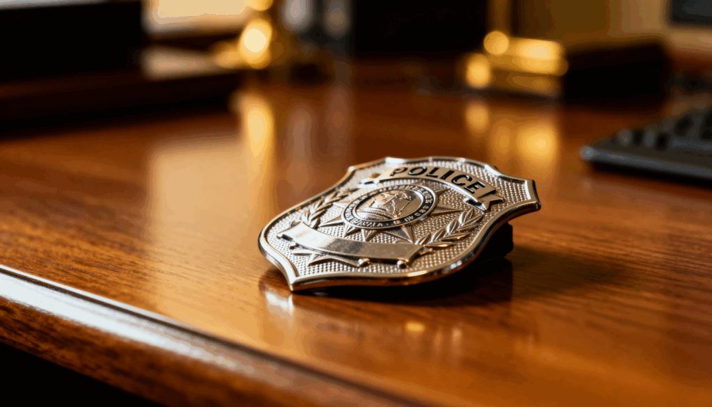 Police badge resting on a wooden desk, symbolizing law enforcement action.