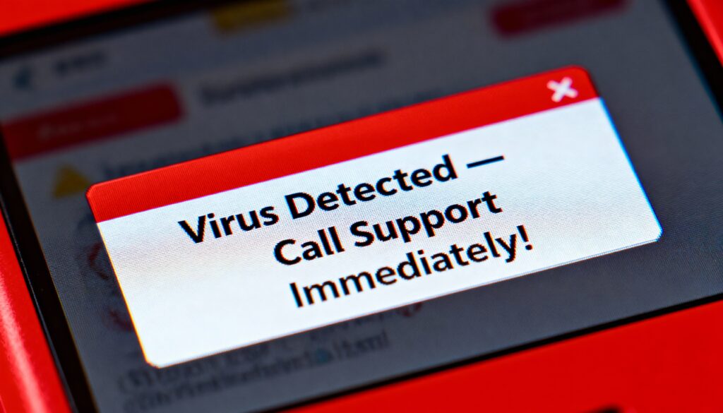 A fake “Virus Detected — Call Support Immediately” pop-up warning on a device screen, symbolizing tech-support scams that try to scare users into calling criminals.