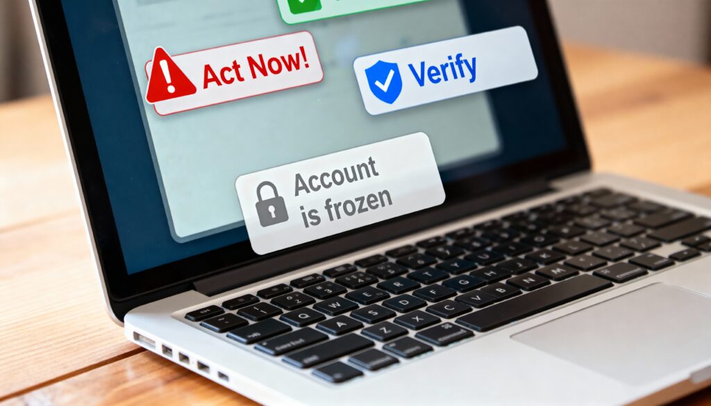 Laptop showing alarming pop-up scam messages like “Act Now!” and “Account is frozen,” symbolizing how scammers trigger fear and urgency to manipulate people.
