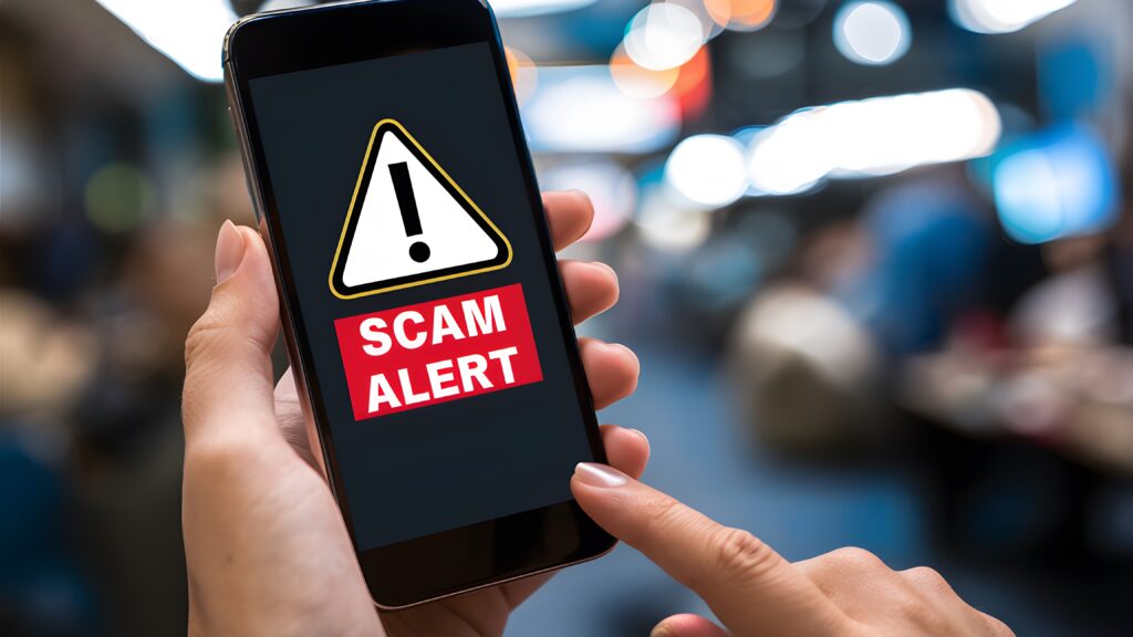 A person holding a smartphone displaying a bright “Scam Alert” warning, symbolizing how scammers use stolen data and fake messages to target victims.
