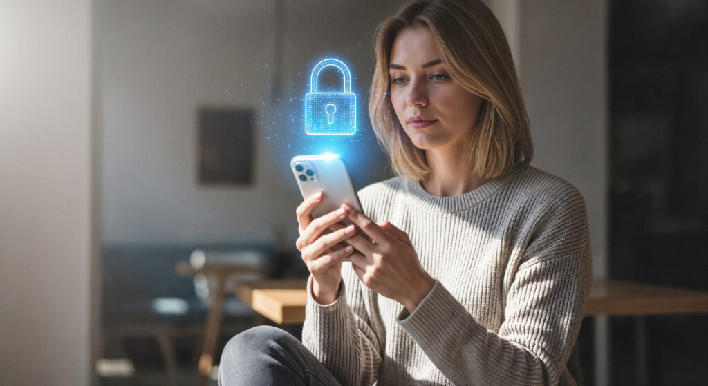 A woman looking at her phone screen, making sure her Facebook info is safe from scams.
