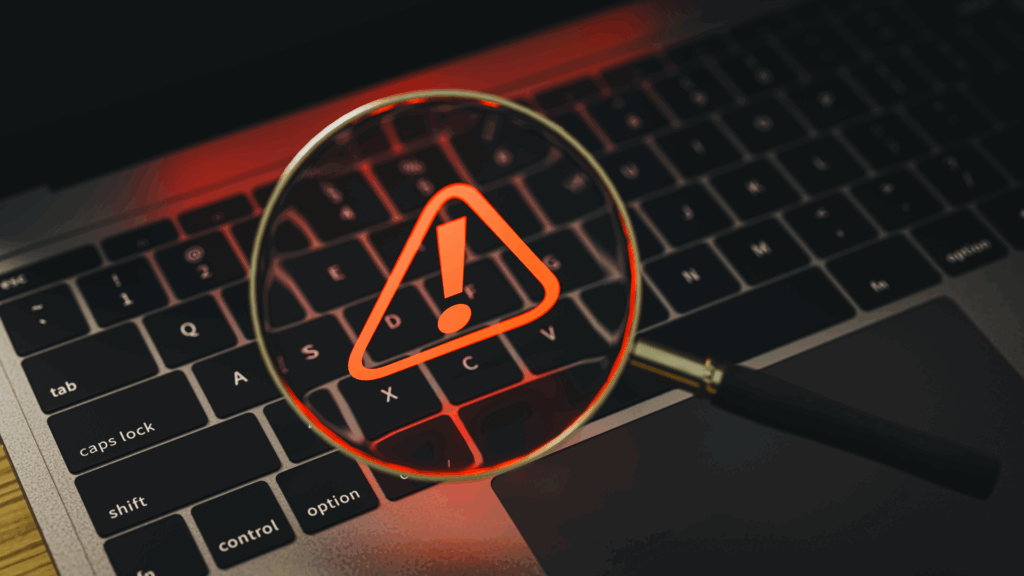 Data breach warning symbol on laptop keyboard under magnifying glass