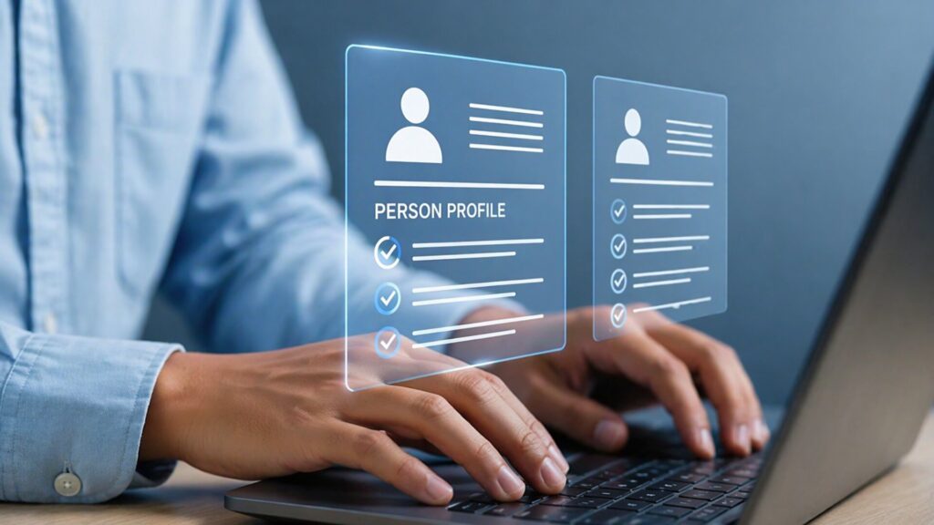 Person typing on a laptop with digital identity profiles, showing how fake remote workers can hide behind stolen identities