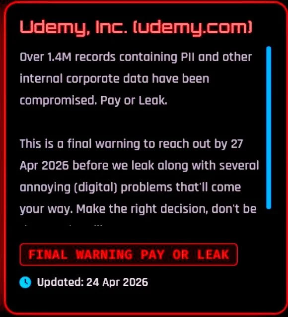 Screenshot of a ShinyHunters leak site post showing a Pay or Leak warning for Udemy.