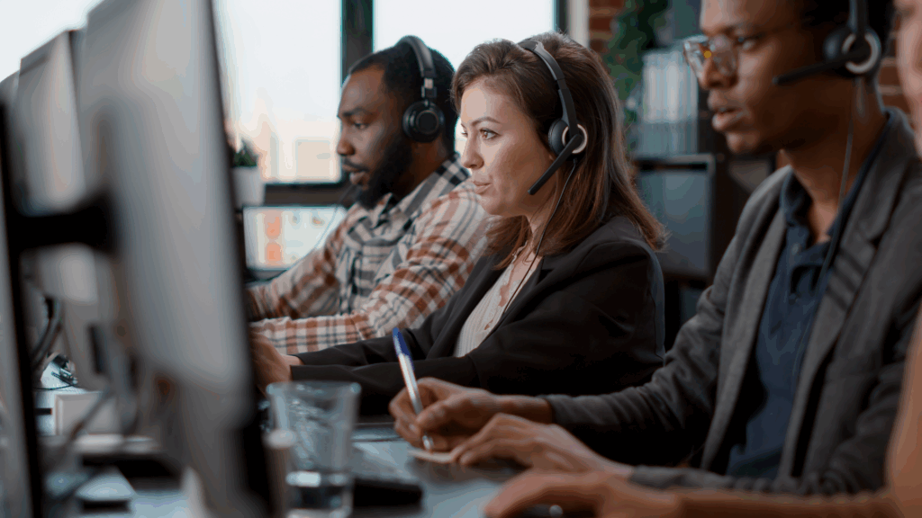 Customer support team working at computers with headsets, representing support systems targeted in cyberattacks