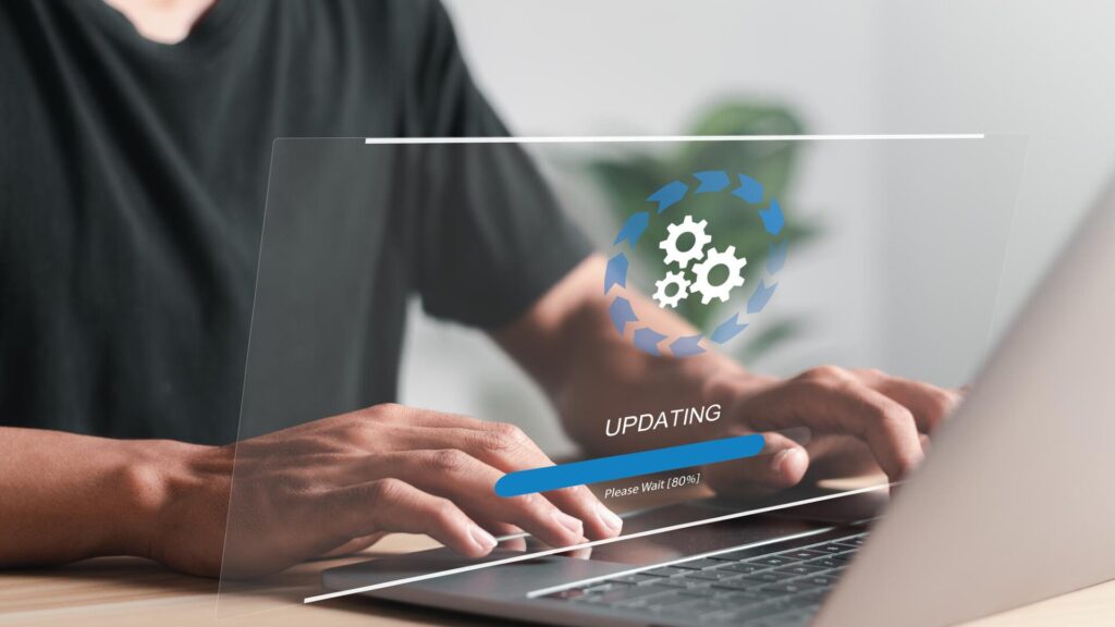 Software update installing on a laptop, highlighting the importance of safe and trusted updates.