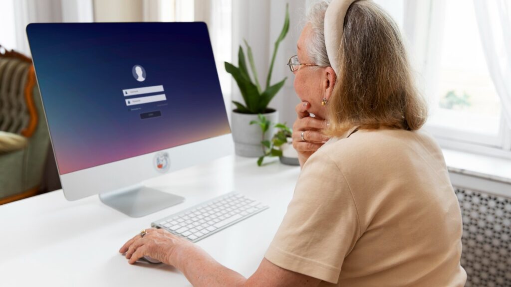 Older woman reviewing an online account on her computer while checking for signs of fraud