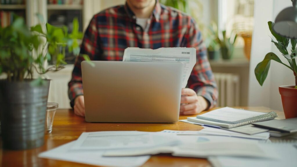 Person reviewing documents and account information on a laptop