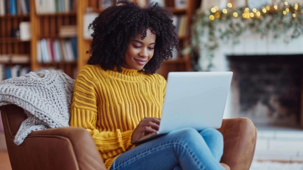 Woman reading tips on how to avoid scam ads online.