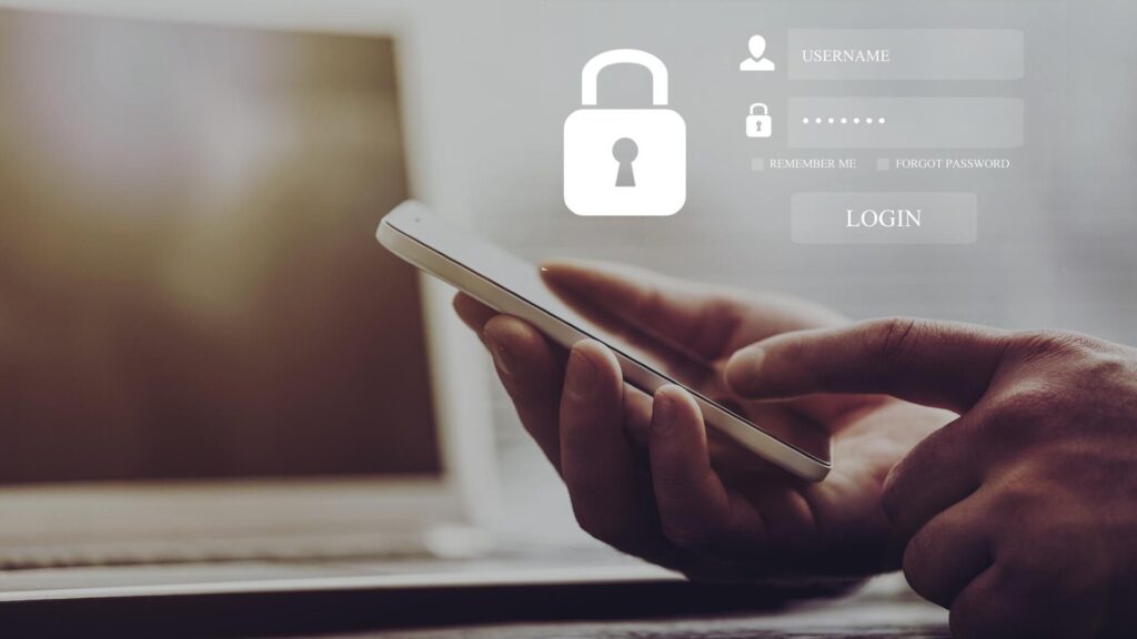 Person using a smartphone with a secure login screen and password protection displayed.