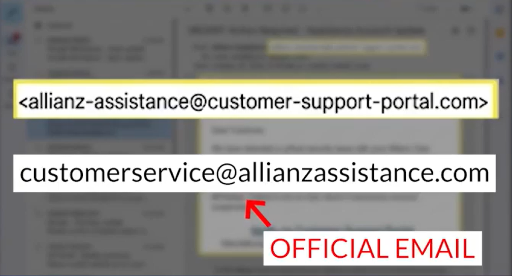 Comparison showing a fake Allianz email address and the correct official email address