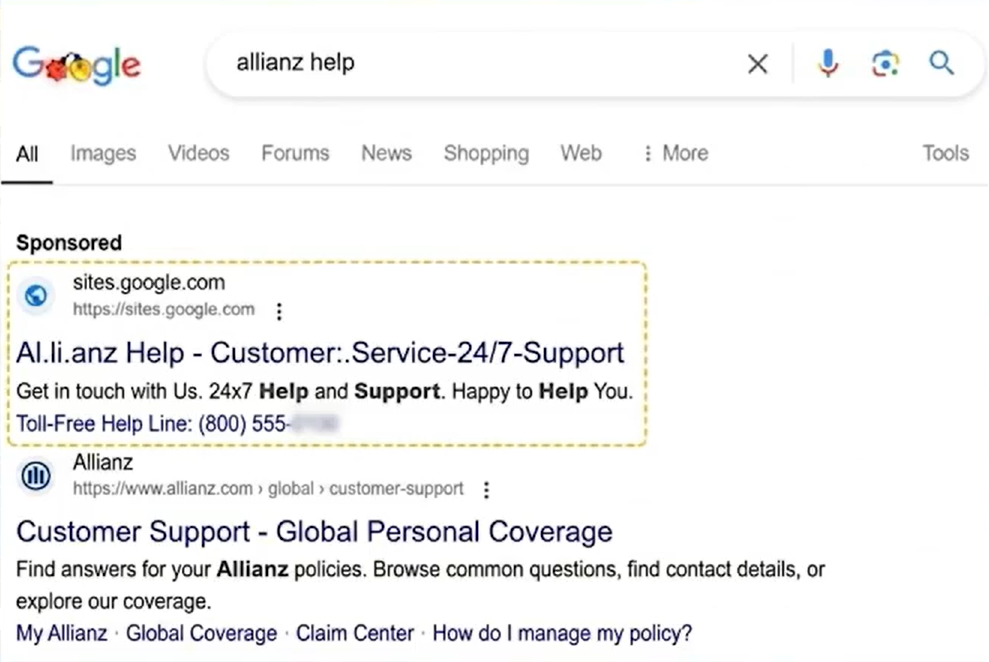 Google search results showing a sponsored fake customer support listing above the real Allianz website