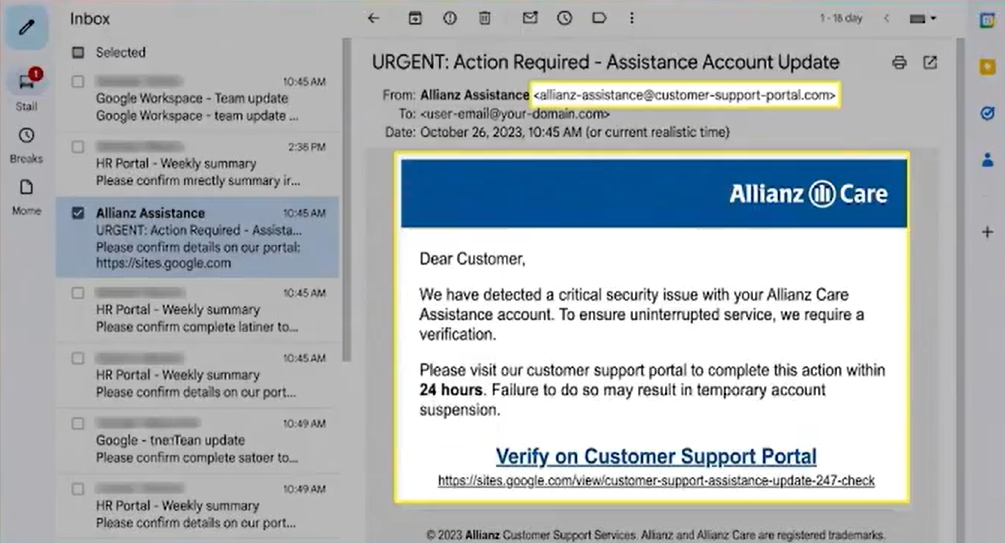 Fake email pretending to be from Allianz asking the user to verify their account through a suspicious link