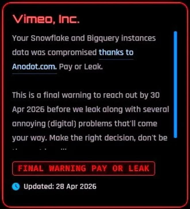 Screenshot of a “pay or leak” message from the ShinyHunters group claiming they accessed Vimeo data through a third-party service.