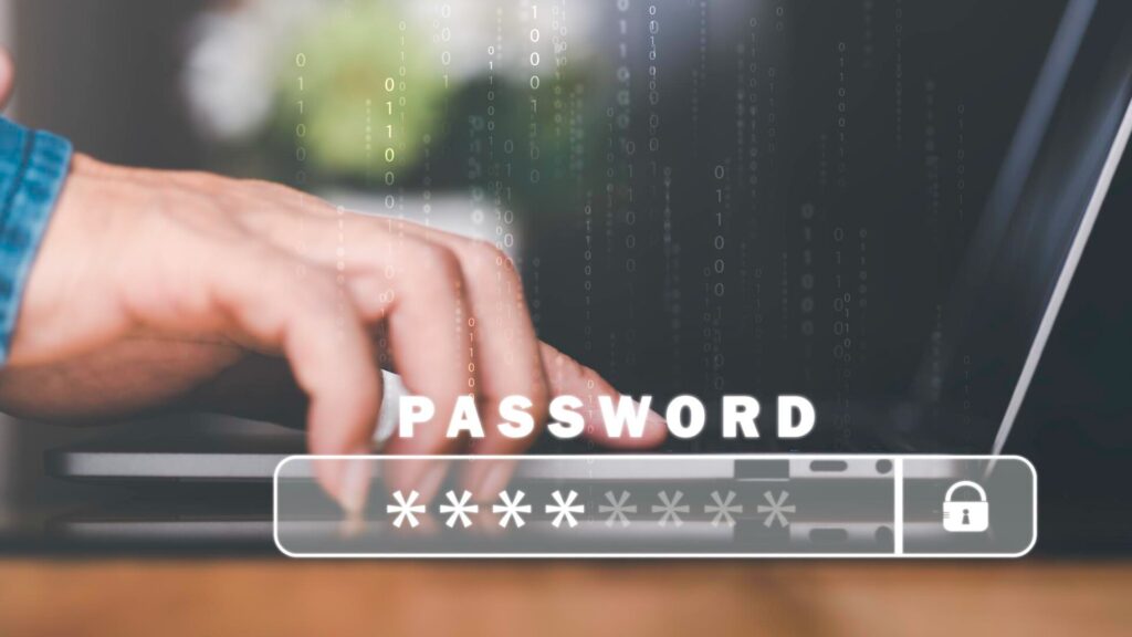 Person typing a password on a laptop keyboard with a password field and digital security graphics displayed on screen