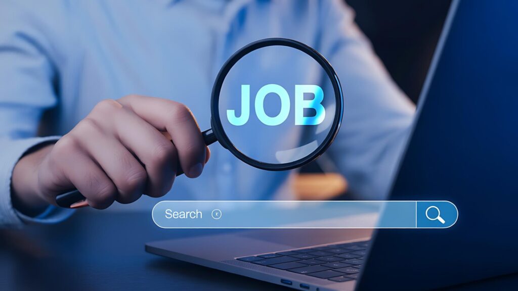 Person searching for jobs online while reviewing employment opportunities and recruiter messages.