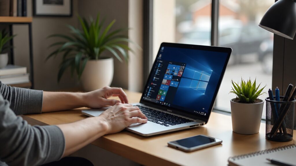 Person using a Windows laptop while reviewing privacy and device tracking settings.