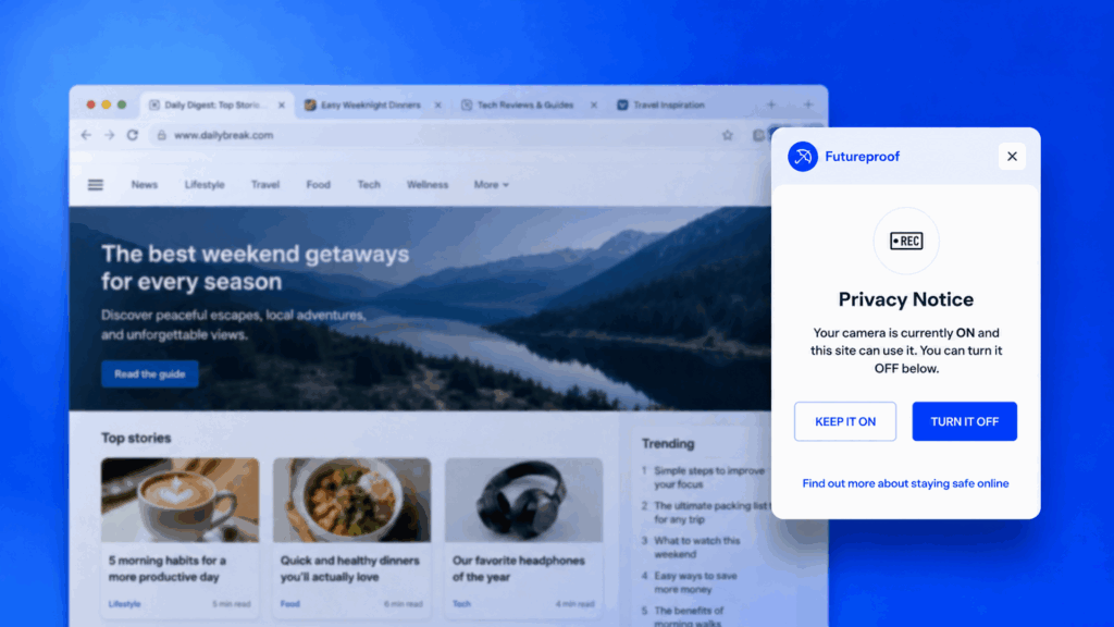 Futureproof browser extension showing a privacy notice about camera access on a browsing page.
